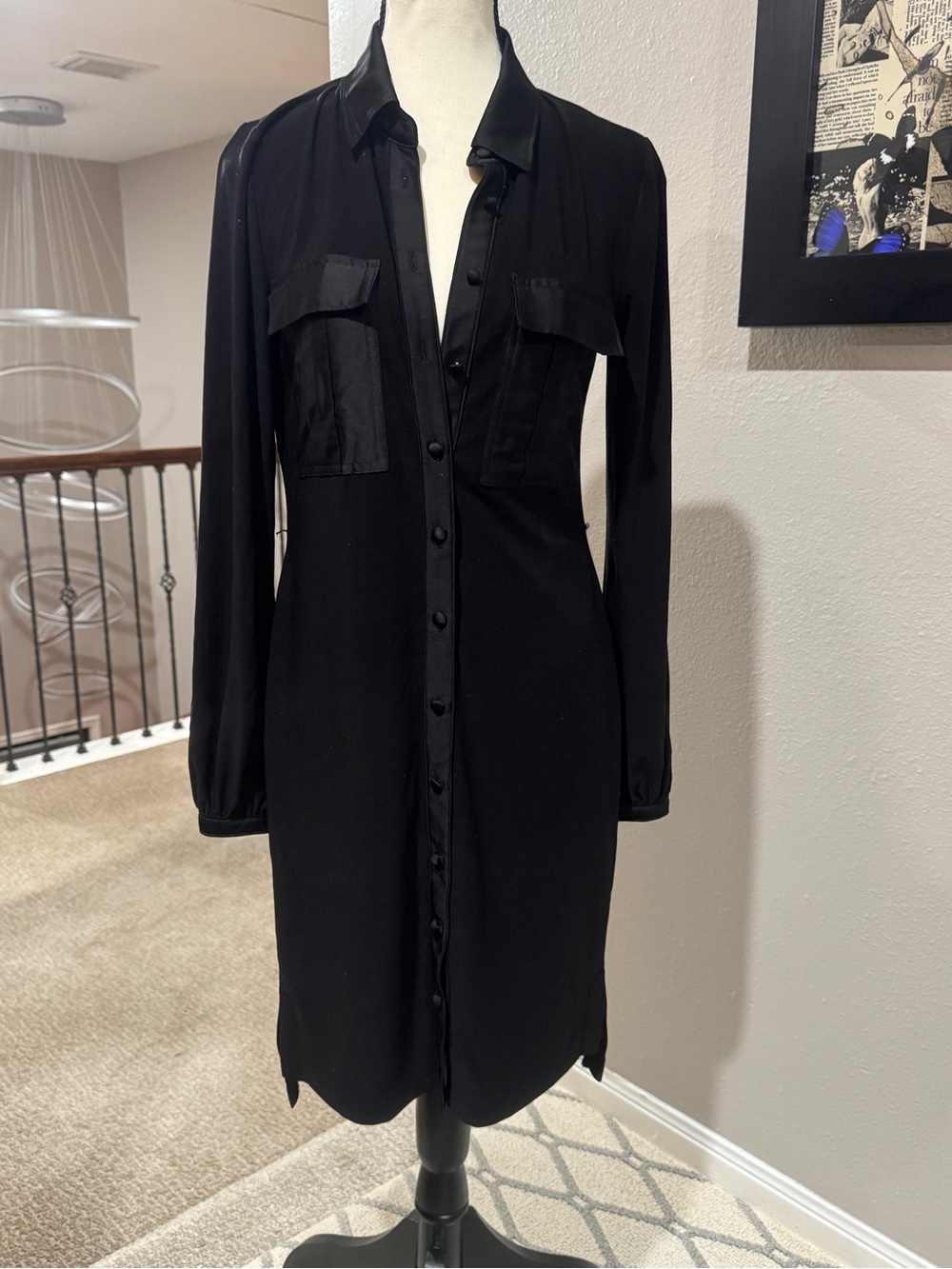 White House Black Market Black Long-Sleeve Button-Front Shirt Dress